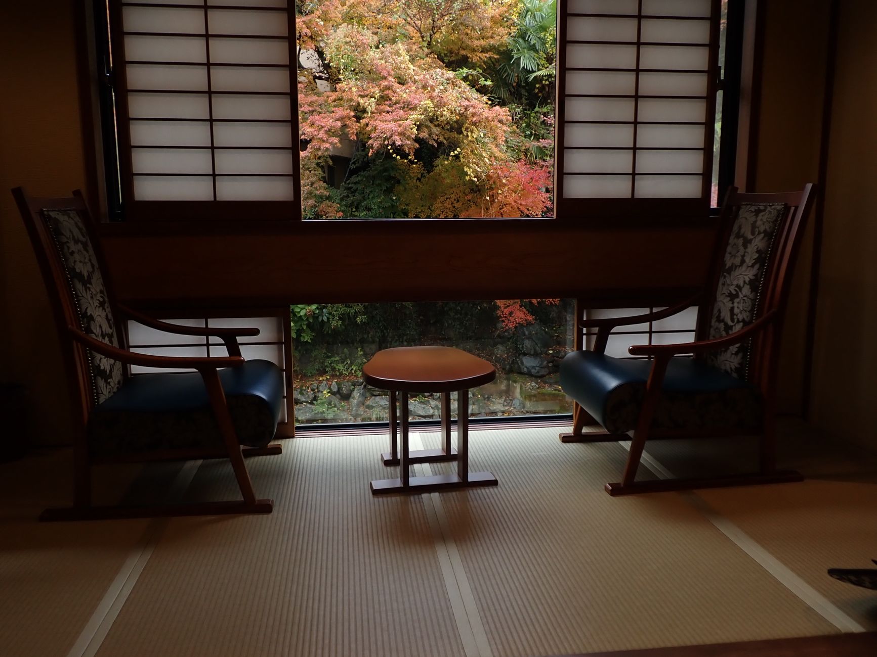 Japanese garden courtyard inside a historic Ryokan